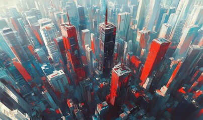 Sticker - An Aerial View of a City with Tall Buildings in a Blue and Red Color Palette