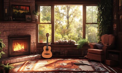 Wall Mural - Cozy Cabin Interior with Fireplace, Guitar, and View