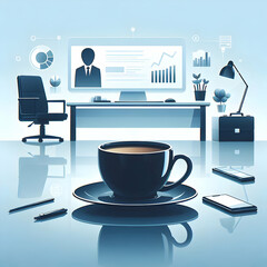 Flat Glossy Coffee Cup on Polished Desk - High Angle Shot of Marketing Officer Setup in Professional Creative Environment