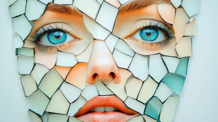 Wall Mural - A woman's face made of broken glass with blue eyes, AI