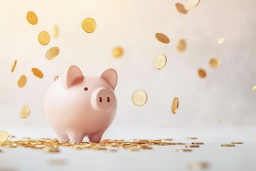 Piggy bank surrounded by falling coins.