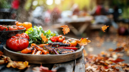 Grilled vegetables and fresh produce create vibrant autumn picnic scene, surrounded by falling leaves.