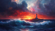 © Thiago - Dramatic sunset over a stormy sea with crashing waves and a lighthouse in the background, creating a captivating and intense seascape. Stormy Sea. Illustration