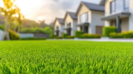 Canvas Print - A close up of a lawn with some grass and houses, AI