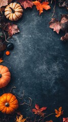 Wall Mural - A black and white photo of pumpkins and leaves with a black background