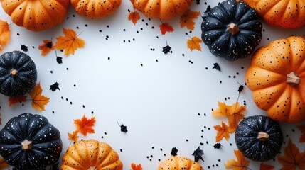 Wall Mural - A white background with a row of orange and black pumpkins and leaves