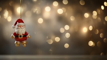 Sticker - Santa Claus in red clothes with hat hanging on festive bokeh background. Cute ornament for celebration of Christmas. Festive card, banner for seasonal celebration.