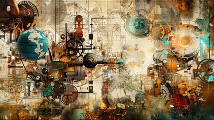 Disjointed mechanical parts and faded maps blend on a vibrant Dadaism wallpaper