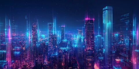 Canvas Print - Neon city skyline with glowing lines.