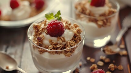 Sticker - A parfait with yogurt, granola and raspberries.