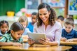 © Introvertia - Teacher engaging students in modern classroom with digital tablet