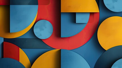 Canvas Print - Overlapping geometric shapes in blue red and yellow on a Bauhaus wallpaper with soft shadows and gradients