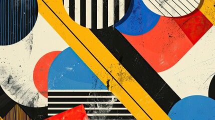 Poster - Bauhaus wallpaper with diagonal and curved lines in primary colors accented by soft light