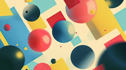 Sticker - Bauhaus background featuring floating spheres and rectangles in primary colors with smooth textures