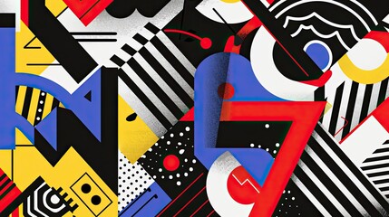 Poster - Bauhaus backdrop featuring zigzag lines and geometric shapes in black white and primary colors soft textures