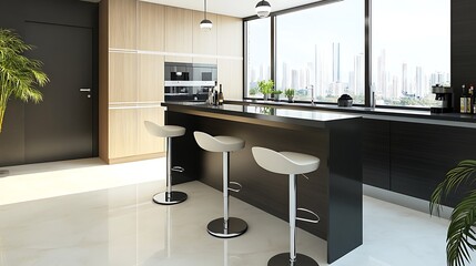 Sleek Bar Stool in Modern Kitchen with High Countertop