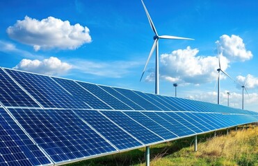 A solar panel farm with wind turbines in the background against a blue sky, representing the concept of green energy and a renewable power grid system.