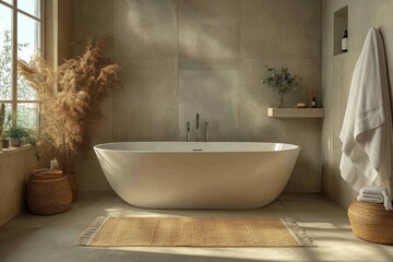 Sticker - Modern Bathroom with a Bathtub and Natural Elements