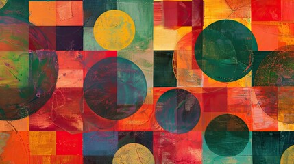 Poster - Rich mosaic of circles and squares with textured brushstrokes in Fauvist wallpaper