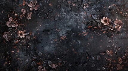 Wall Mural - Gothic wallpaper with dark floral patterns on textured stone surfaces and glowing embers