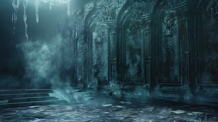 Wall Mural - Gothic backdrop of crumbling walls with ornate engravings and moody dark gradients