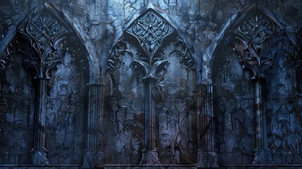 Poster - Gothic background featuring ornate stone carvings with shadowy hues and spectral lights