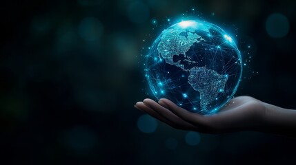 Wall Mural - A hand holding a glowing digital globe, representing global connection and technology in a digital world.