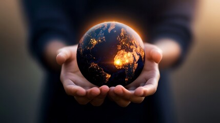 A person holds a glowing Earth in their hands, symbolizing care for the planet and global unity, with a beautiful warm light aura.