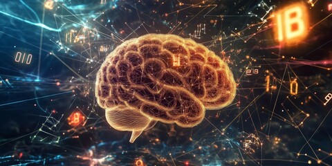 Poster - Glowing brain connected by lines and numbers.