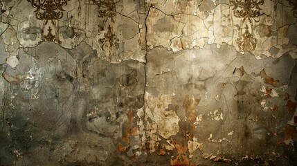 Gothic wallpaper with cracked plaster intricate murals and glowing golden light