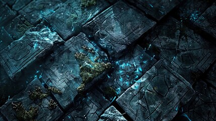 Wall Mural - Gothic moss-covered stone surface illuminated by ghostly blue light and runes