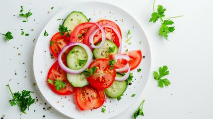 Wall Mural - Fresh and vibrant salad made of cucumber, tomato, red onion rings, and parsley, neatly arranged on a white plate with scattered spices.