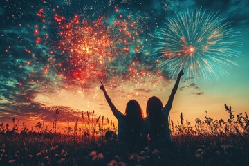 Wall Mural - Silhouettes of Friends Gazing at Fireworks