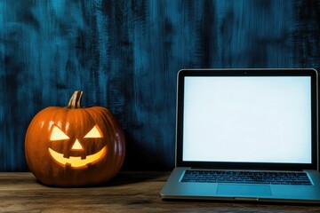 A laptop is on a table next to a pumpkin with a scary face