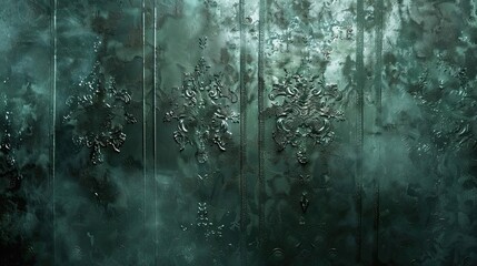 Gothic backdrop with tarnished silver surface green glow and embossed patterns