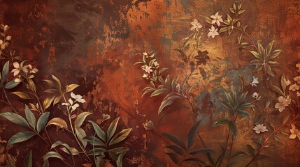 Wall Mural - Mannerism backdrop with delicate leaves and flowers in rich warm tones