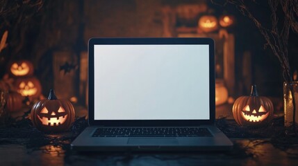 Wall Mural - A laptop is on a table with a bunch of pumpkins