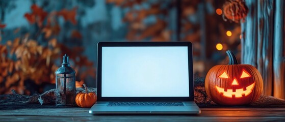 Canvas Print - A laptop is open on a table with a pumpkin and two pumpkins on the table