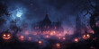 © AI_images_for_people - A haunted mansion surrounded by fog, glowing pumpkins, and dark, twisted trees under a starry Halloween night sky.