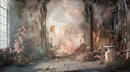 Wall Mural - Backdrop with pastel washes and baroque-inspired textures glowing accents