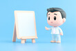 © sergign - Cartoon character in light outfit pointing at a blank easel board, ready for presentation or instruction on a blue background.