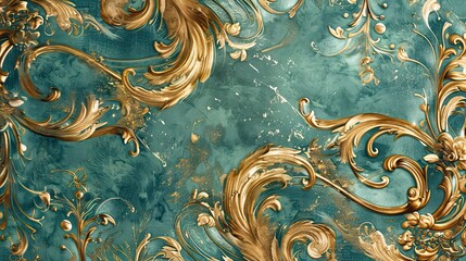 Poster - Mannerism wallpaper in turquoise and gold with intricate swirling designs glowing light