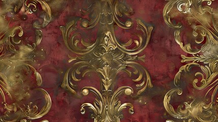 Wall Mural - Mannerism wallpaper in crimson and gold with twisting scroll designs glowing textures