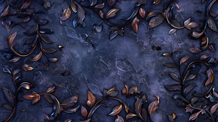 Mannerism background in indigo and bronze featuring vine patterns with glowing accents