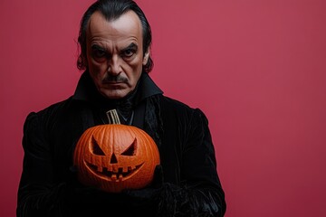 A man in a black costume holding a pumpkin with a scary face on it