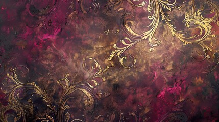 Sticker - Mannerism backdrop with intricate burgundy and gold scroll motifs glowing textures