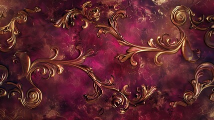 Wall Mural - Mannerism backdrop featuring rich burgundy and gold scroll motifs shimmering light