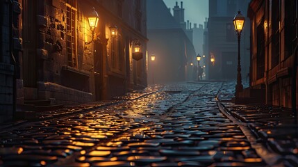 Canvas Print - Lofi backdrop of a dimly lit street with hazy lamps casting a golden glow on stones