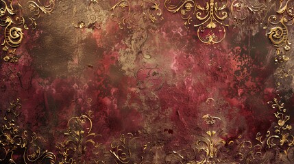 Wall Mural - Mannerism backdrop featuring burgundy and gold scrollwork glowing shadowy accents