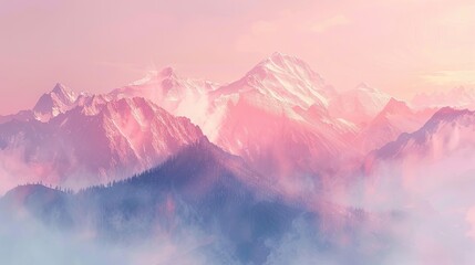 Poster - Lofi backdrop showcasing a misty mountain at sunrise with blurred peaks and soft hues creating a serene calming background